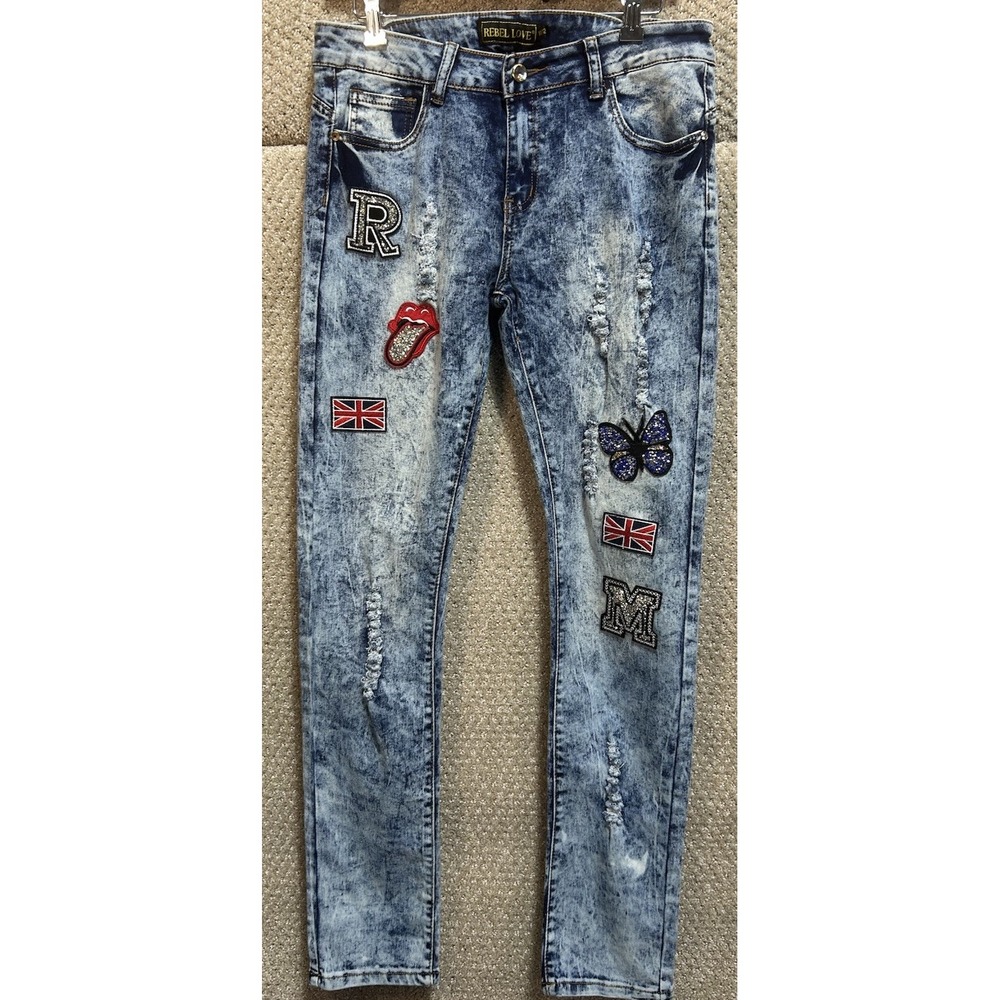 Rebel Love Distressed Patched Blue‎ Jeans Women's Size 11/12 EUC